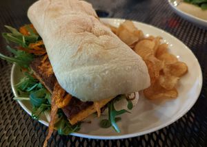 Tofu Ciabatta Sandwich with chips at V3 PDX in Portland