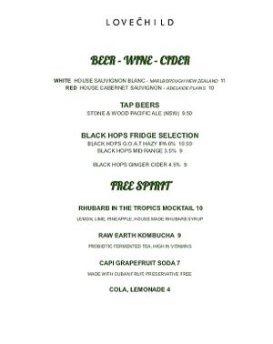 Drink Menu at Lovechild Kitchen + Bar in Mermaid Beach
