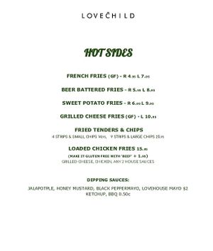 Sides Menu at Lovechild Kitchen + Bar in Mermaid Beach