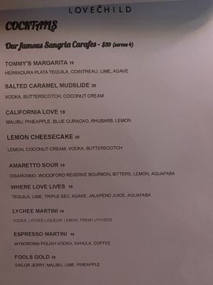 Prohibitively pricey cocktail list. Kuhula-- is that a typo, or homemade Kahlúa, interesting! at Lovechild Kitchen + Bar in Mermaid Beach