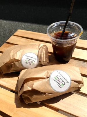 Two vegan sandwiches with iced coffee at Banh Mi Tokyo in Tokyo