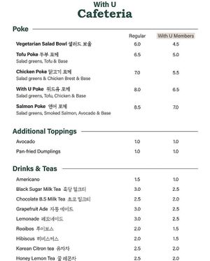 Menu at With U Cafeteria in Daejeon