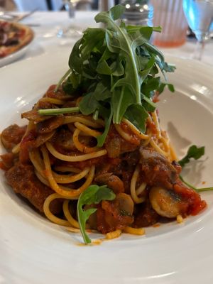 Custom dish, spaghetti with added seitan, mushrooms and arugula,  10/10!!! at Ristorante Lucia in Newport
