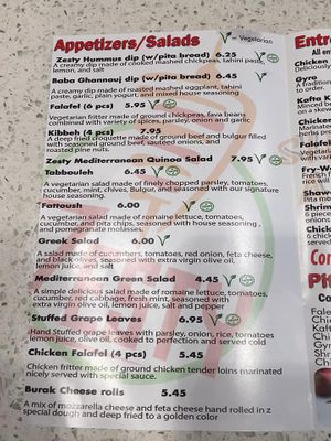 Menu with vegan items  at Zesty Shawarma And Grill in Menifee