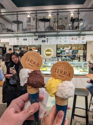 Lemon and dark chocolate / Mandarin and almond. at Terra in Milan