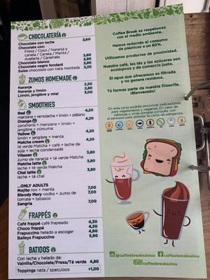 Menu with vegan options at Coffee Break  in Salou
