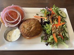 Aloo Tikka sandwich with side salad   at Bin 4 Burger Lounge - Granville St in Vancouver