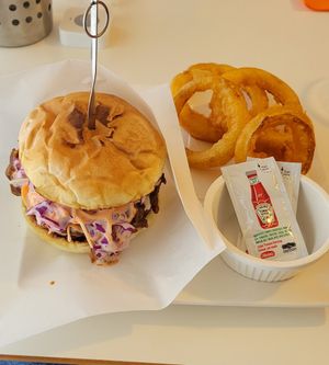 Jackfruit burger w/ onion rings at Vegeater in Tokyo