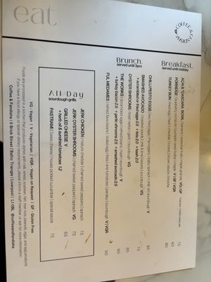 The regular menu at COFFEE & FANDISHA in Liverpool