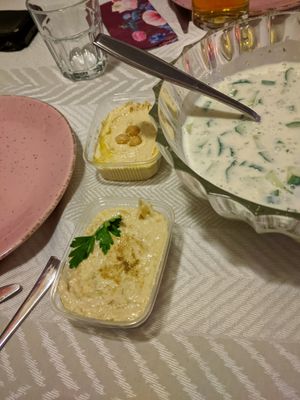 Delicious hummus, baba ganoush and tzatziki at Owaisvega in Wijchen