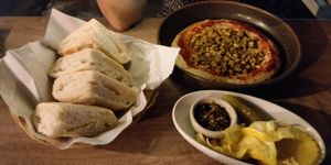 Hummus with mushrooms, and 'pita' (actually Turkish bread) at Milk & Honey in Koh Tao