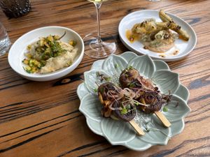 Mushroom, and tempura asparagus and guindillas at Rústico At Hay Shed Hill in Wilyabrup