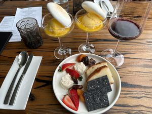 Bombe Alaska – sorbet, mango and meringue – with macadamia cheese plate at Rústico At Hay Shed Hill in Wilyabrup