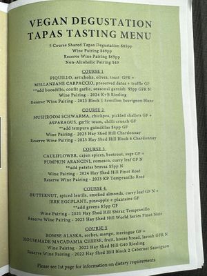 Vegan degustation tapas menu in early November 2024 at Rústico At Hay Shed Hill in Wilyabrup