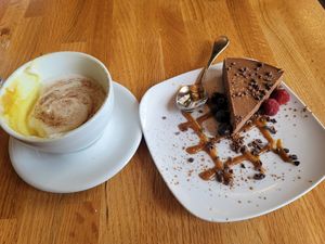 golden latte and turtle cake at Living Kitchen - South End in Charlotte