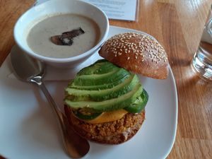 Vegan Burger and Mushroom soup at Living Kitchen - South End in Charlotte