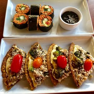 Broccoli Mushroom Pizza and Sweet Potato Sushi Roll at Living Kitchen - South End in Charlotte