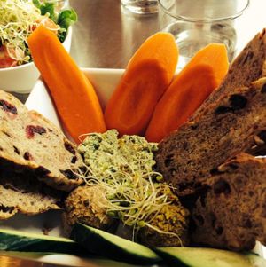 tri-color hummus with veggies and cranberry walnut bread at Living Kitchen - South End in Charlotte