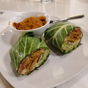 Cheddar cheese burger wrapped in greens! Super good! Also had their BLT earlier. The food is all very wholesome and so fresh. Highly recommend eating here! at Living Kitchen - South End in Charlotte