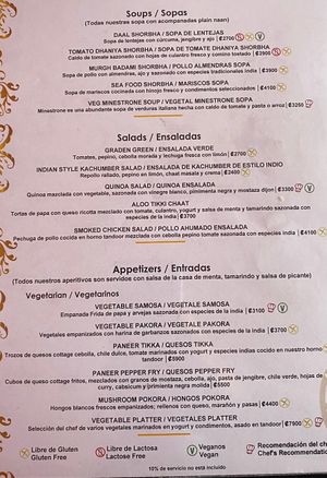 Labeled menu at Indian Palace - Barrio Escalante in San Jose