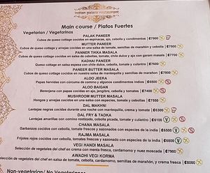 Labeled menu at Indian Palace - Barrio Escalante in San Jose