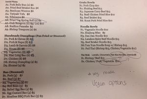Vegan options circled  at Dumpling House in Rochester