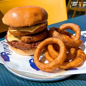 Vegetarian burger special: Vegan patty, onion rings, curry mayo, onion chutney & swiss cheese at remy's in Paddington