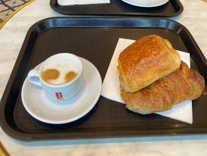 Noisette with oat milk, vegan pain au chocolat, vegan croissant  at Les Frères Blavette in Paris