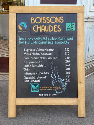 Our hot drinks. 
Milk can be replaced by oat milk.  at Les Frères Blavette in Paris