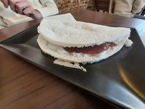 Shredded coconut and guava candy tapioca at Tapioqueria in Madrid