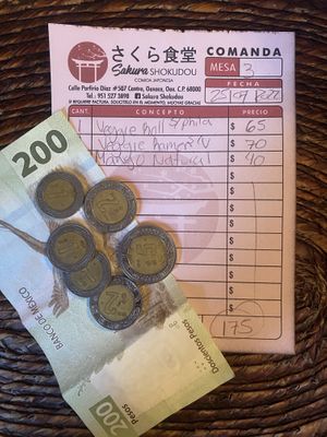 175 pesos for a great dinner + tip = great price.  at Sakura Shokudou in Oaxaca