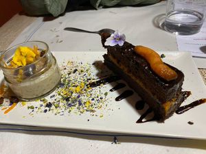Coconut-rice pudding and chocolate cake. at El Invernadero in Fuerteventura
