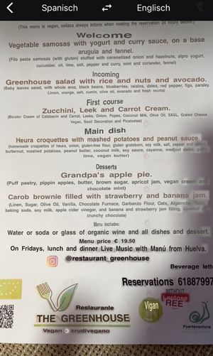 Menu translated to English at El Invernadero in Fuerteventura