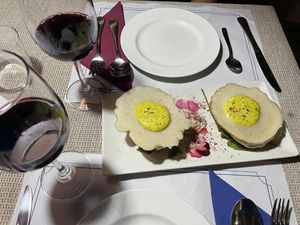 Bread with vegan 'egg'  at El Invernadero in Fuerteventura