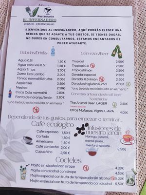 Getränkekarte at El Invernadero in Fuerteventura