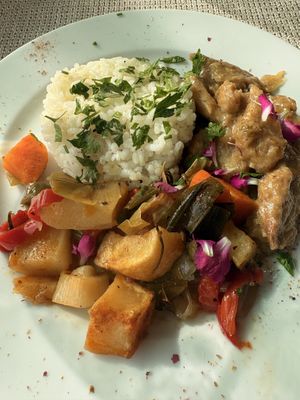 Heura “pork” style dish with roasted veg   at El Invernadero in Fuerteventura