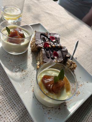 Lemon mousse and the nicest layered chocolate cake we have ever had   at El Invernadero in Fuerteventura