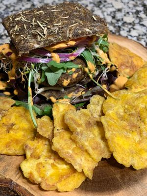 Big Dawg Burger w/ Plantain Chips at Plant Life Living Cuisine in Atlanta
