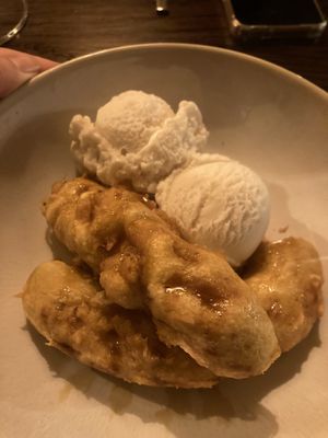 Banana fritters and coconut ice cream   at Mulan in Auckland