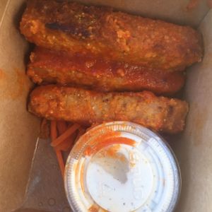 buffalo tempeh wings with ranch sauce.  at Good Karma Cafe in Red Bank