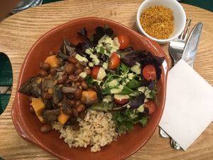 Feijoada with mushrooms, brown rice and salad at A Tasca Vegana in Lisbon