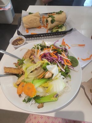 Vegan vermicelli chay, tofu banh mi (no mayo), and empty plate where tofu bao once sat 😅 (no mayo) at Pho Please in Austin