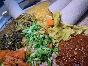 Vegetarian Combo (Vegan): Misser Wat, Kik Alicha, Gomen, Tikil Gomen, Yemisir Wat at Gojo Ethiopian Cuisine in Grand Rapids