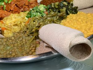 Vegetarian Combo (Vegan): Misser Wat, Kik Alicha, Gomen, Tikil Gomen, Yemisir Wat, Injera at Gojo Ethiopian Cuisine in Grand Rapids