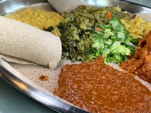 Vegetarian Combo (Vegan): Misser Wat, Kik Alicha, Gomen, Tikil Gomen, Yemisir Wat, Injera at Gojo Ethiopian Cuisine in Grand Rapids