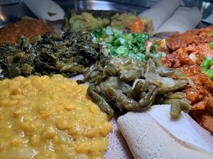 Vegetarian Combo (which is Vegan): Misser Wat, Kik Alicha, Gomen, Tikil Gomen, Yemisir Wat at Gojo Ethiopian Cuisine in Grand Rapids