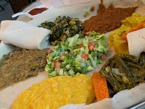 Vegetarian Combo (Vegan): Misser Wat, Kik Alicha, Gomen, Tikil Gomen, Yemisir Wat, Injera at Gojo Ethiopian Cuisine in Grand Rapids