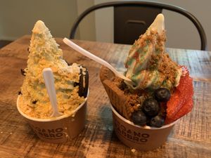 Pistachio vegan fro-yo with generous toppings! at Fabbro in Reigate