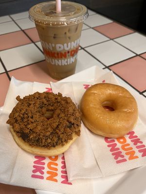 Chocolate speculos and plain glazed. Iced coffee in the back is made with soya milk.  at Dunkin' - Reguliersbreestraat in Amsterdam