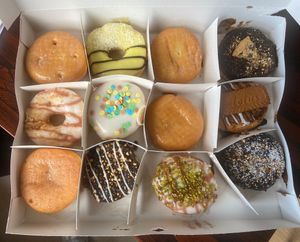 12 different vegan donuts. Especially the top right was delicious (Oreo cookies).  at Dunkin' in Eindhoven